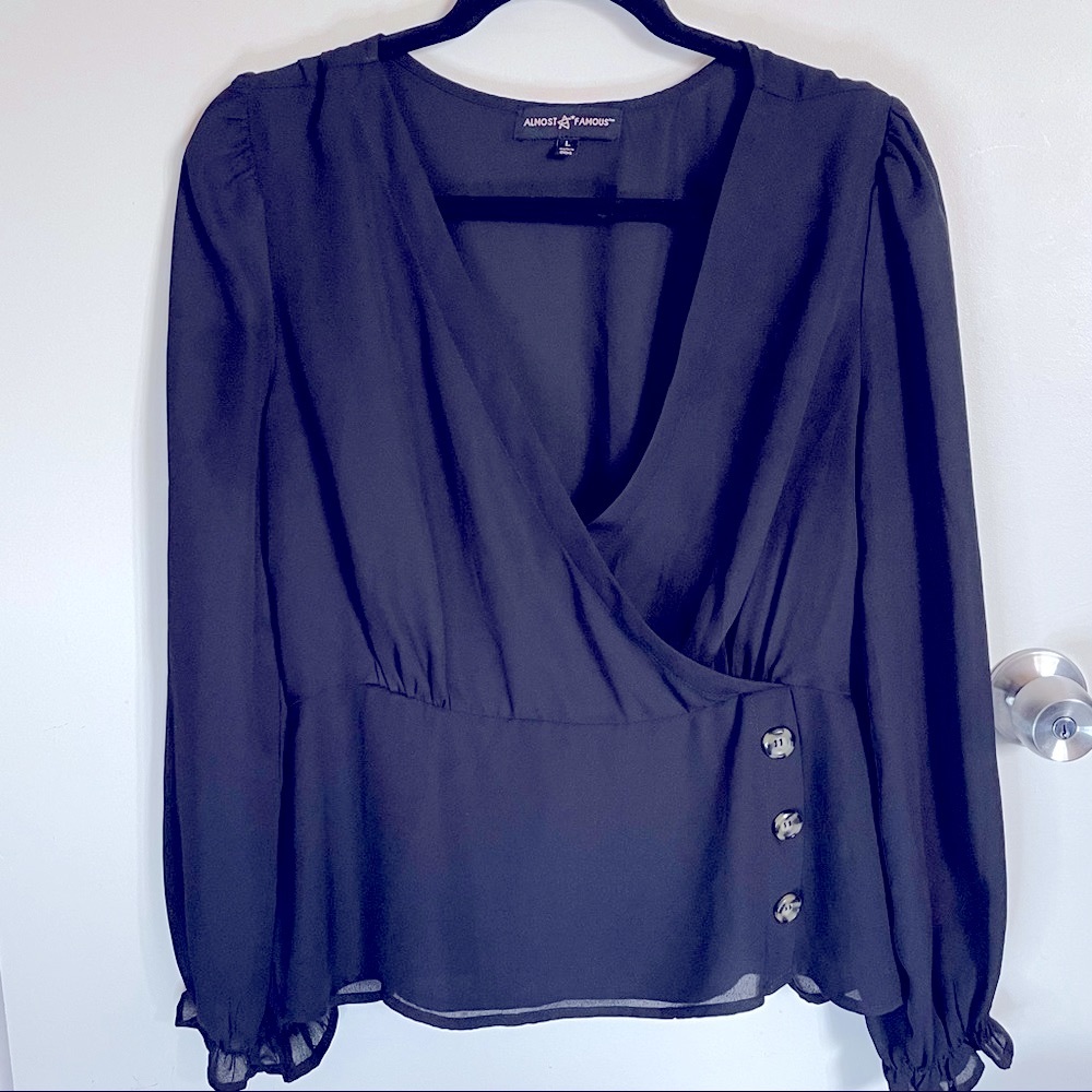 Almost Famous Women’s Sheer Blouse V neck Faux Turtle Shell Buttons